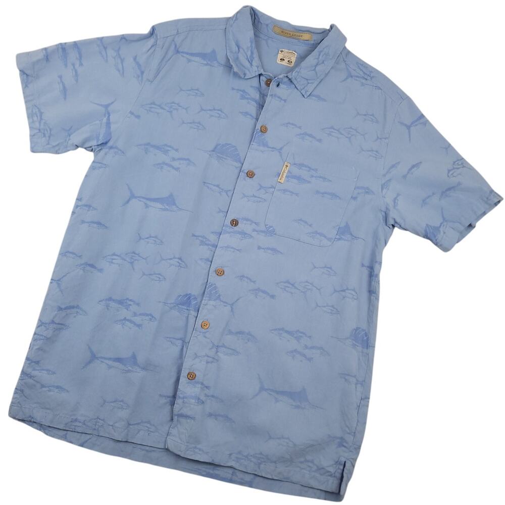 Columbia Men's Short Sleeve Button-Up Shirt Sz Large Resortwear Fish AOP Blue